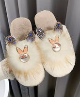 Zapatillas de empalme de moda, zapatos de piel afelpada color caqui con circonitas